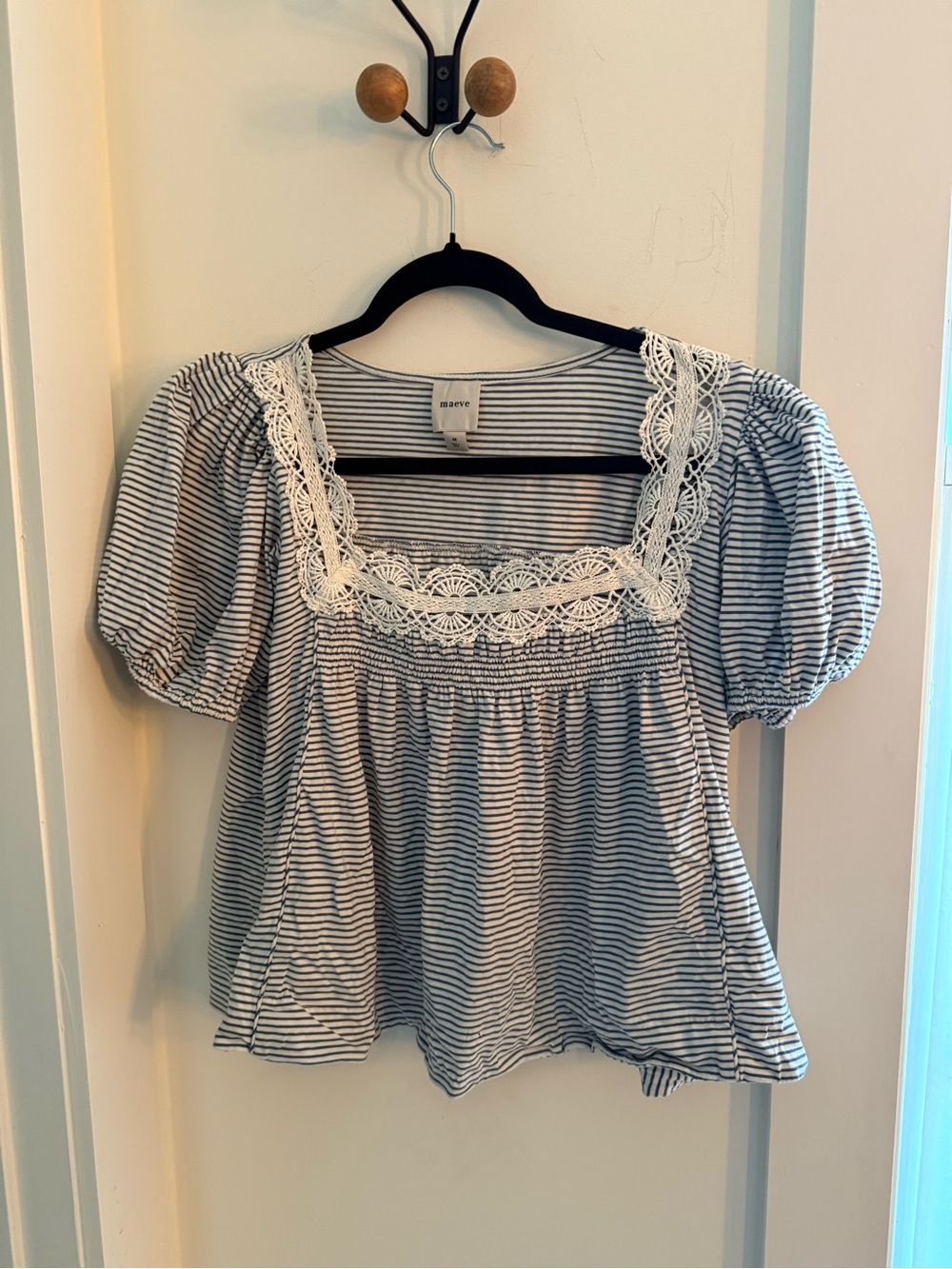 Maeve Navy and White Striped Square-Neck Lace Blouse